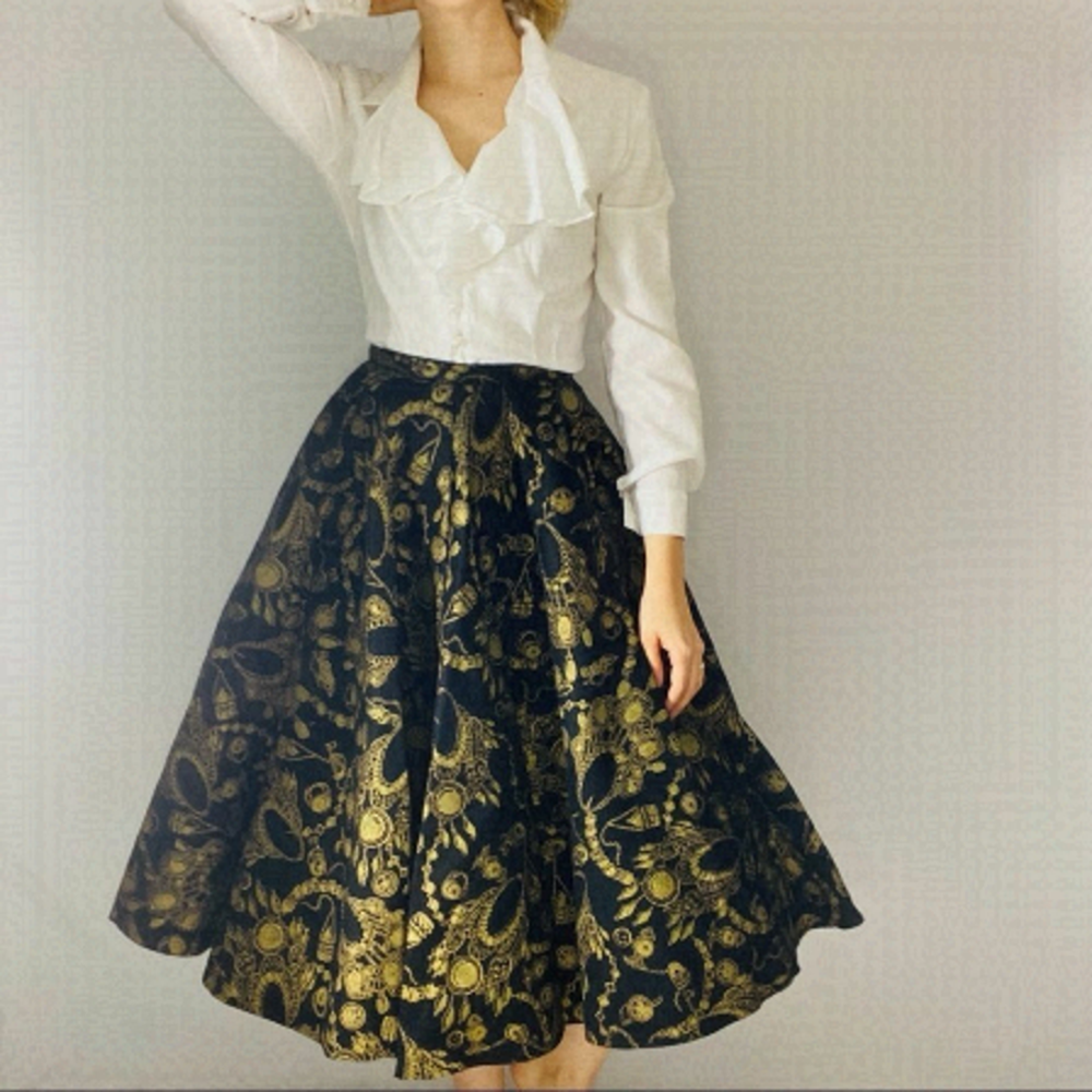 Vintage Jewelry Print Full Midi Skirt Black Gold Lamp Post Sportscraft